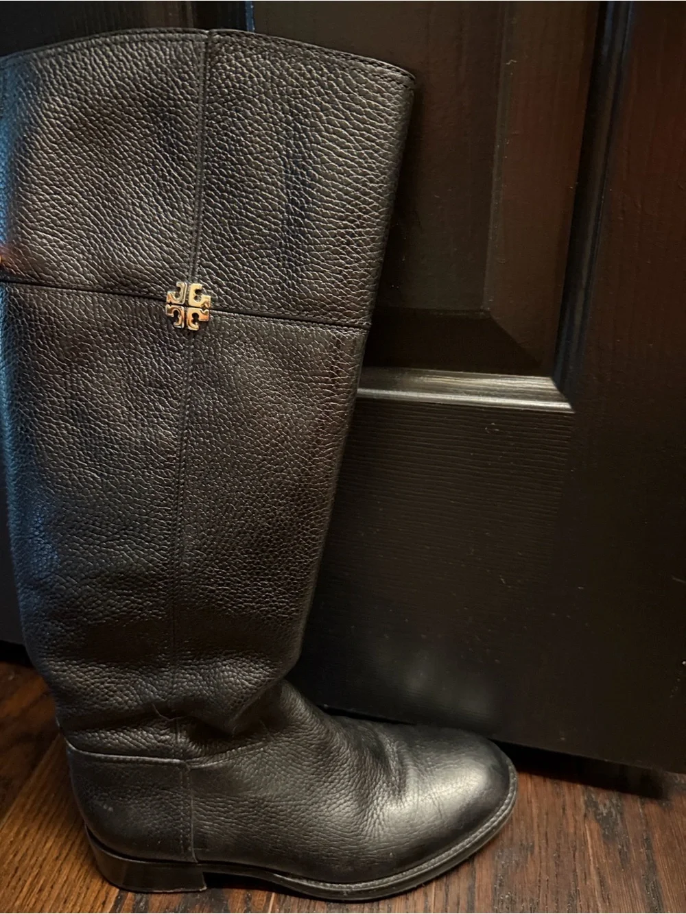 Tory Burch Black Pebbled Leather Over-the-Knee Boot with Gold Logo Accent